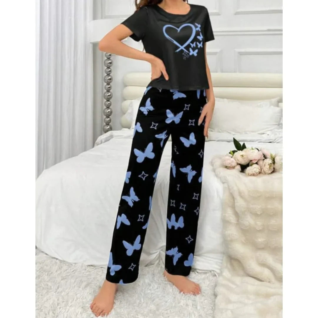 Black Butterfly Heart Printed Women PJ Set