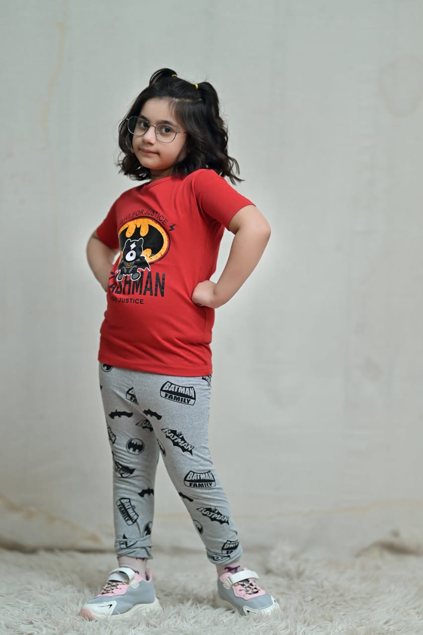 Baby Or Baba Red Bat Printed Print Half Sleeves T-shirt With Printed Pajama Night Suit for Kids (1 Pcs)