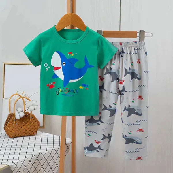 Baby Or Baba Green Shark Print Half Sleeves T-shirt With Printed Pajama Night Suit for Kids (1 Pcs)