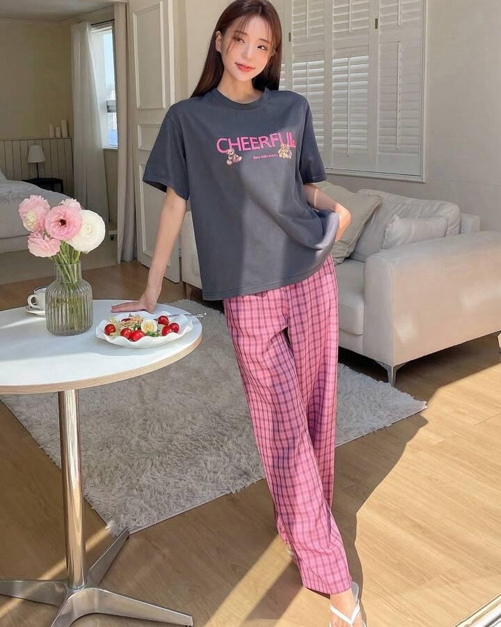 Black & Pink CheerFull Printed Women PJ Set