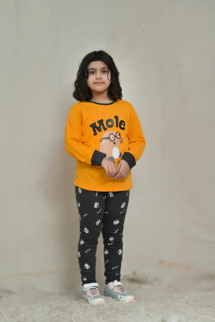 Baby or Baba Yellow and Brown MOLE Print Full Sleeves Night Suit for Kids (1 Pcs)