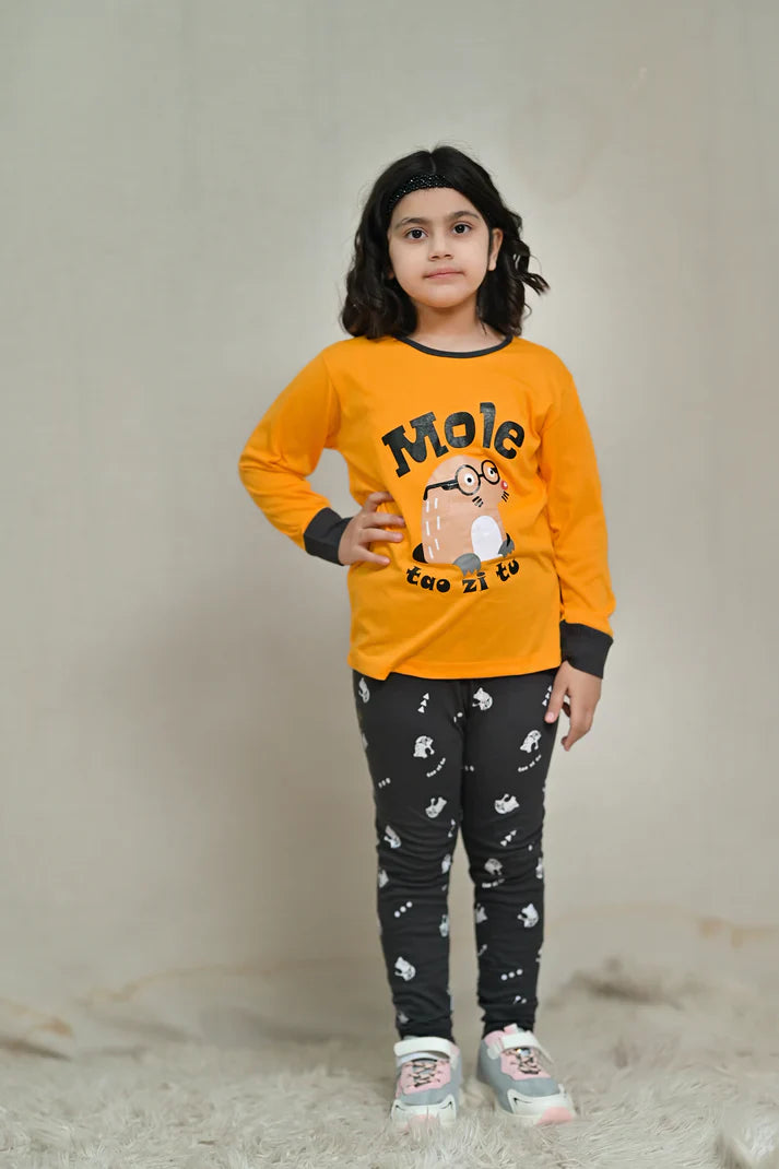 Baby or Baba Yellow and Brown MOLE Print Full Sleeves Night Suit for Kids (1 Pcs)