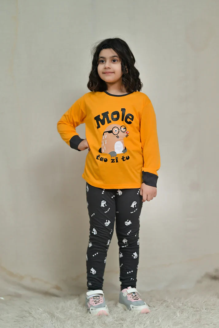 Baby or Baba Yellow and Brown MOLE Print Full Sleeves Night Suit for Kids (1 Pcs)