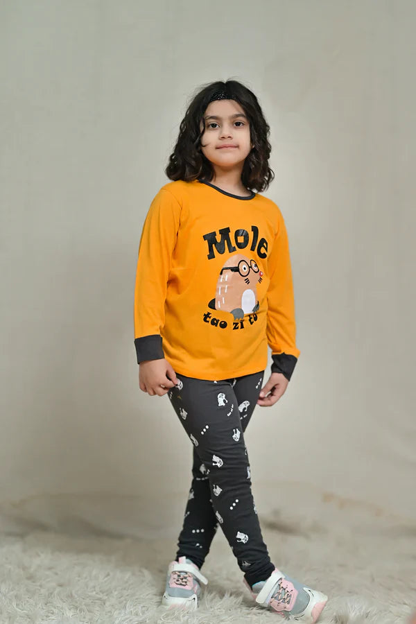 Baby or Baba Yellow and Brown MOLE Print Full Sleeves Night Suit for Kids (1 Pcs)