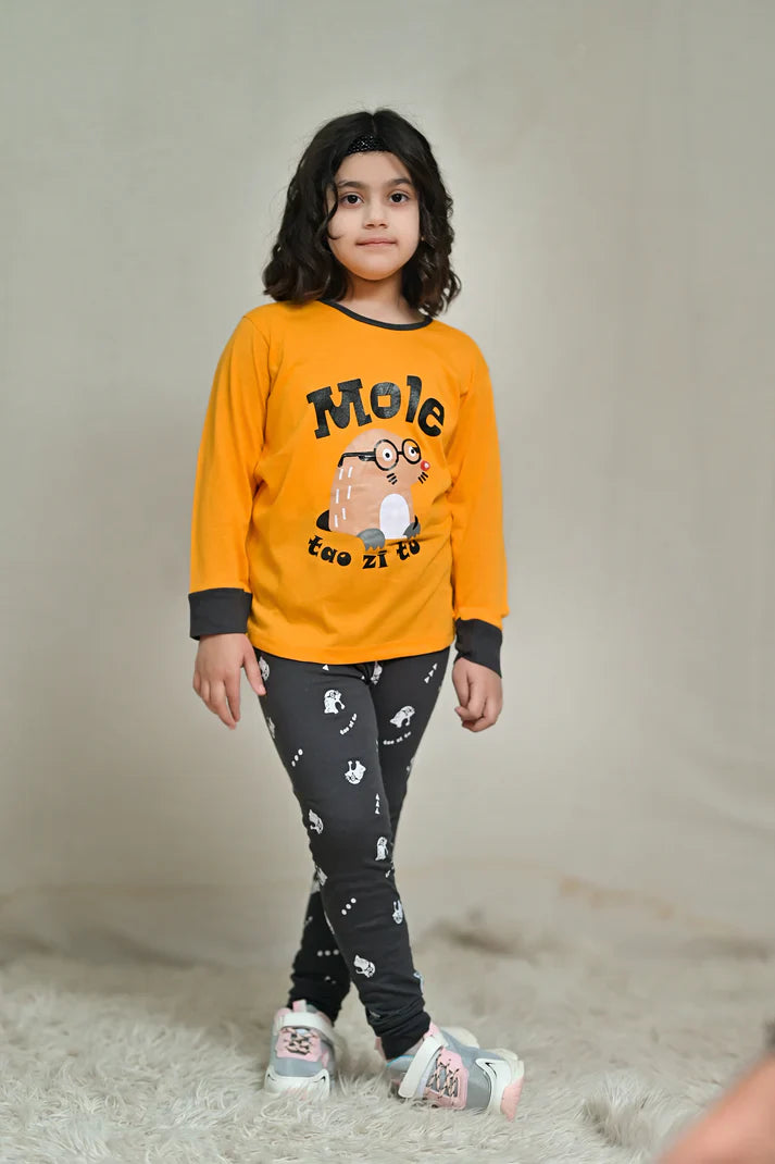 Baby or Baba Yellow and Brown MOLE Print Full Sleeves Night Suit for Kids (1 Pcs)