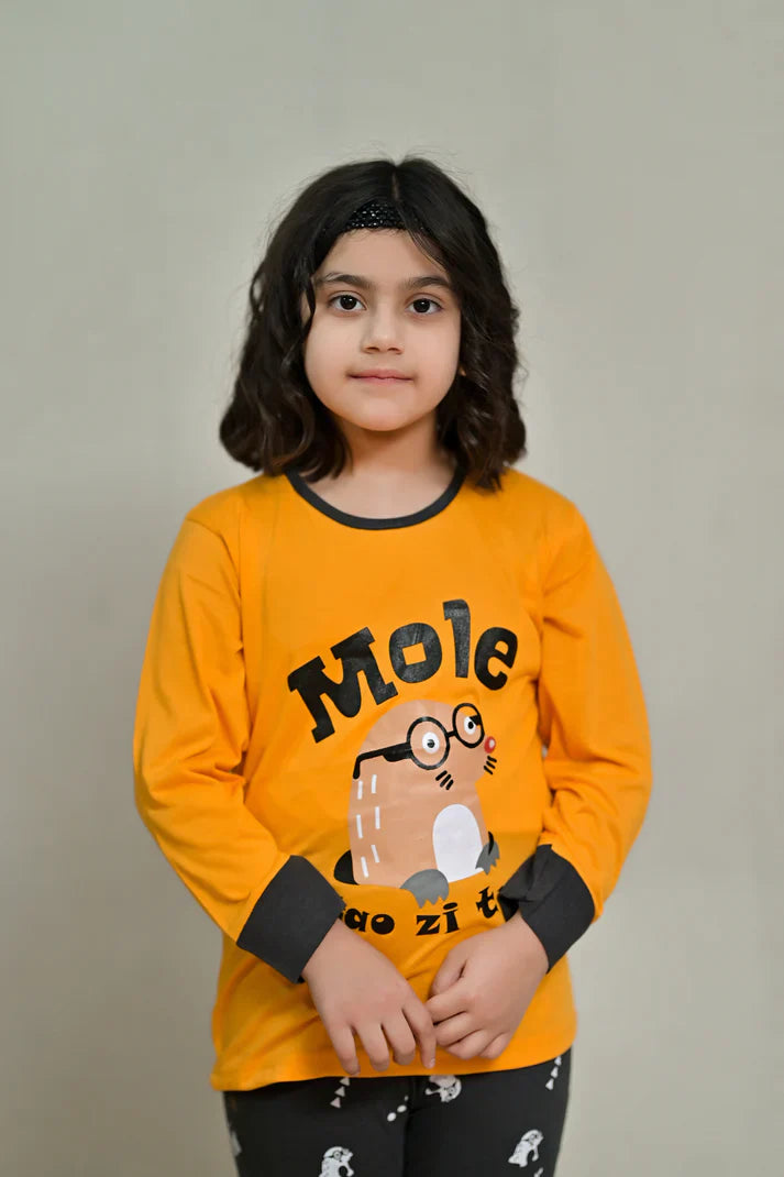 Baby or Baba Yellow and Brown MOLE Print Full Sleeves Night Suit for Kids (1 Pcs)