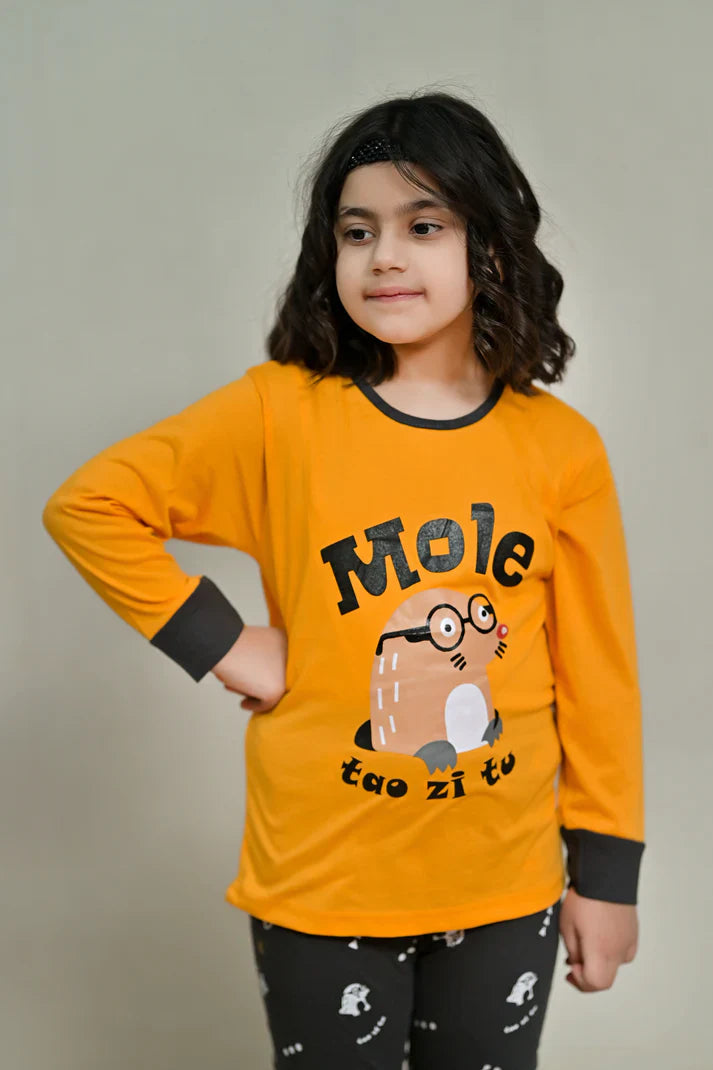 Baby or Baba Yellow and Brown MOLE Print Full Sleeves Night Suit for Kids (1 Pcs)