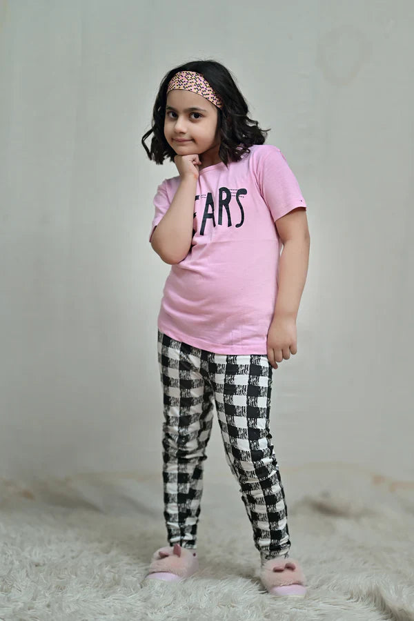 Baby Or Baba Pink Tears Print Half Sleeves T-shirt With Check Printed Pajama Night Suit for Kids (1 Pcs)