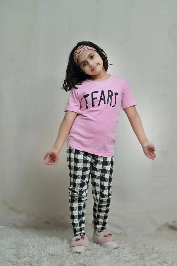 Baby Or Baba Pink Tears Print Half Sleeves T-shirt With Check Printed Pajama Night Suit for Kids (1 Pcs)