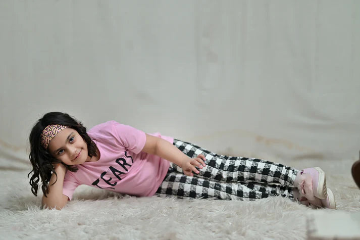 Baby Or Baba Pink Tears Print Half Sleeves T-shirt With Check Printed Pajama Night Suit for Kids (1 Pcs)
