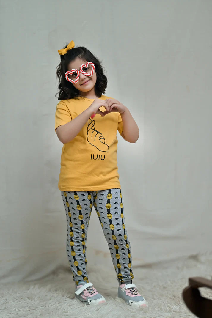 Baby Or Baba Yellow Hand Print Half Sleeves T-shirt With Pineapple Printed Pajama Night Suit for Kids (1 Pcs)