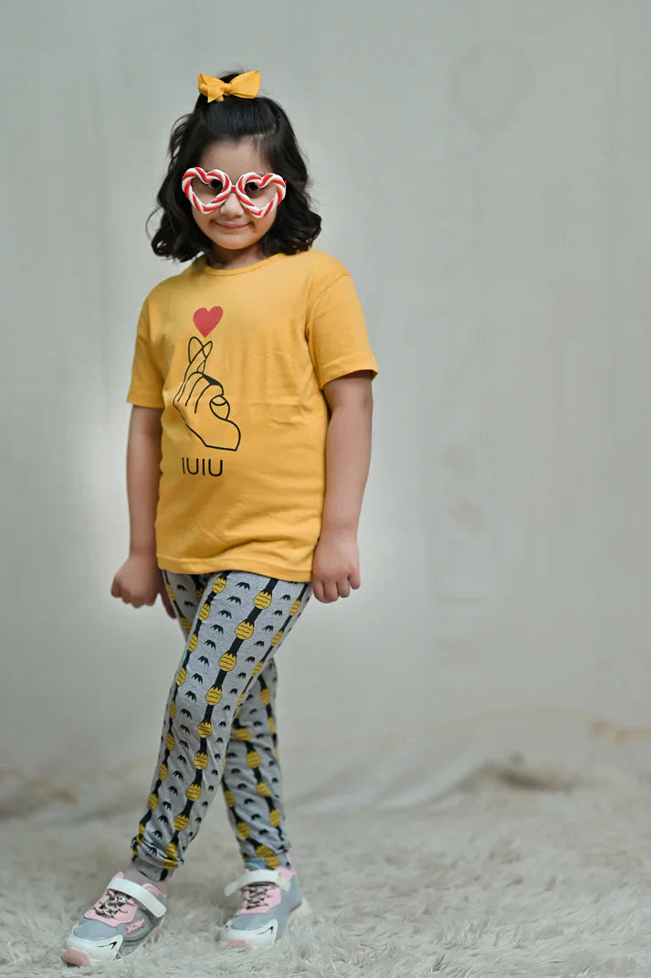 Baby Or Baba Yellow Hand Print Half Sleeves T-shirt With Pineapple Printed Pajama Night Suit for Kids (1 Pcs)