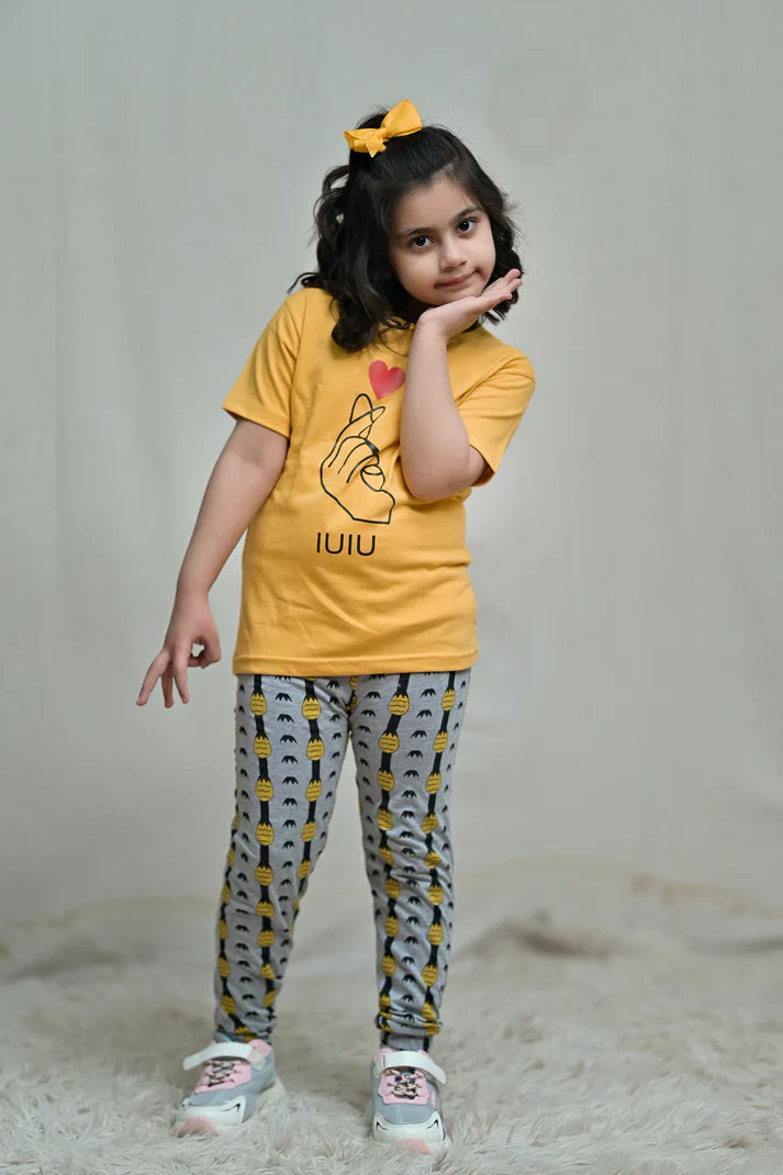 Baby Or Baba Yellow Hand Print Half Sleeves T-shirt With Pineapple Printed Pajama Night Suit for Kids (1 Pcs)