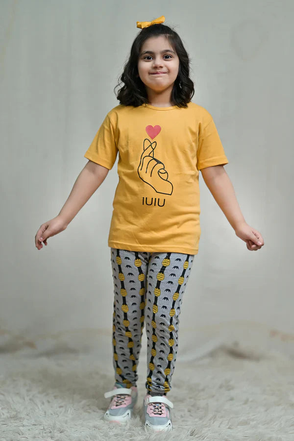 Baby Or Baba Yellow Hand Print Half Sleeves T-shirt With Pineapple Printed Pajama Night Suit for Kids (1 Pcs)