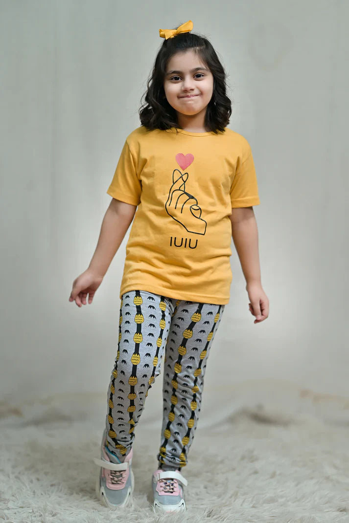 Baby Or Baba Yellow Hand Print Half Sleeves T-shirt With Pineapple Printed Pajama Night Suit for Kids (1 Pcs)