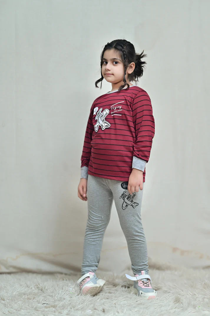 Baby or Baba Maroon and Grey Flying Performance Print Night Suit for Kids (1 Pcs)