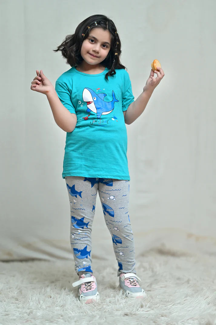 Baby Or Baba Green Shark Print Half Sleeves T-shirt With Printed Pajama Night Suit for Kids (1 Pcs)