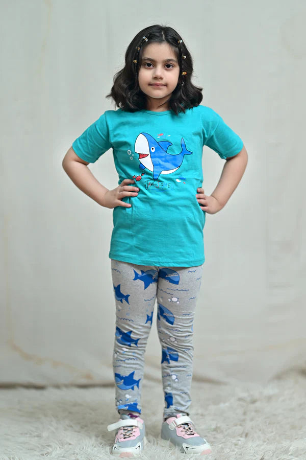 Baby Or Baba Green Shark Print Half Sleeves T-shirt With Printed Pajama Night Suit for Kids (1 Pcs)