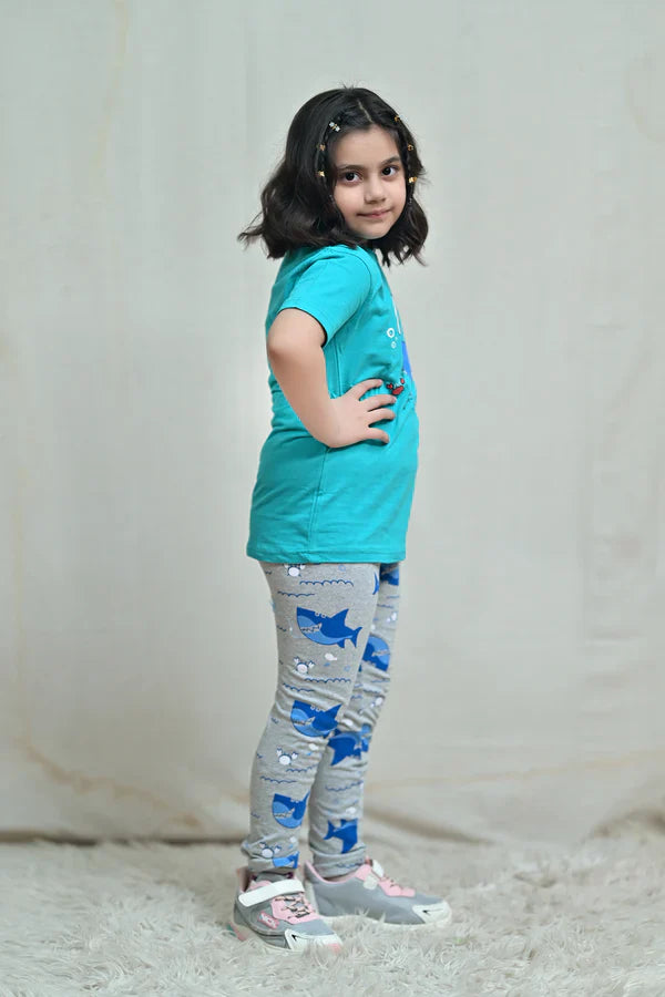 Baby Or Baba Green Shark Print Half Sleeves T-shirt With Printed Pajama Night Suit for Kids (1 Pcs)