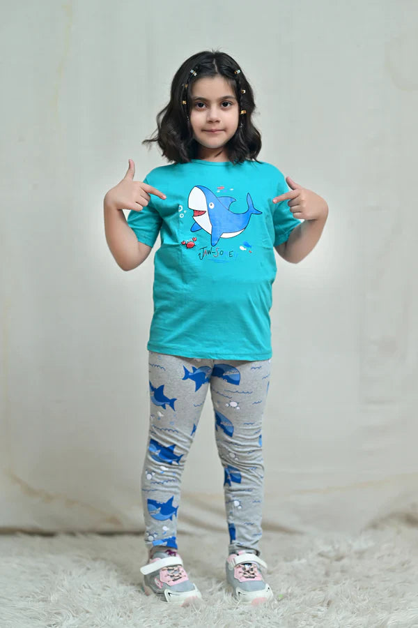 Baby Or Baba Green Shark Print Half Sleeves T-shirt With Printed Pajama Night Suit for Kids (1 Pcs)