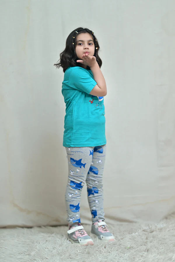 Baby Or Baba Green Shark Print Half Sleeves T-shirt With Printed Pajama Night Suit for Kids (1 Pcs)