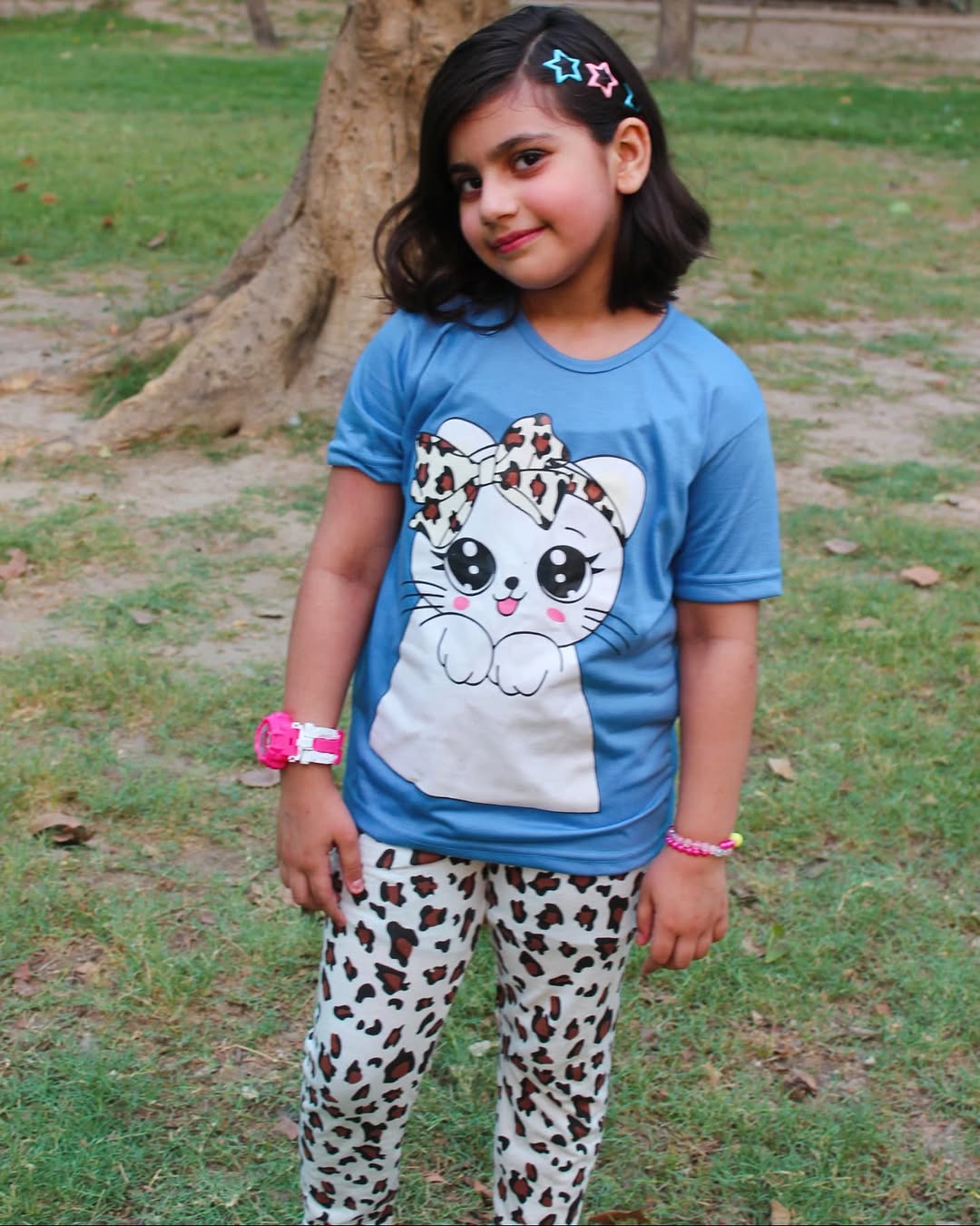 BLUE Cute Kitty with cheetha pajama Printed Kids Wear