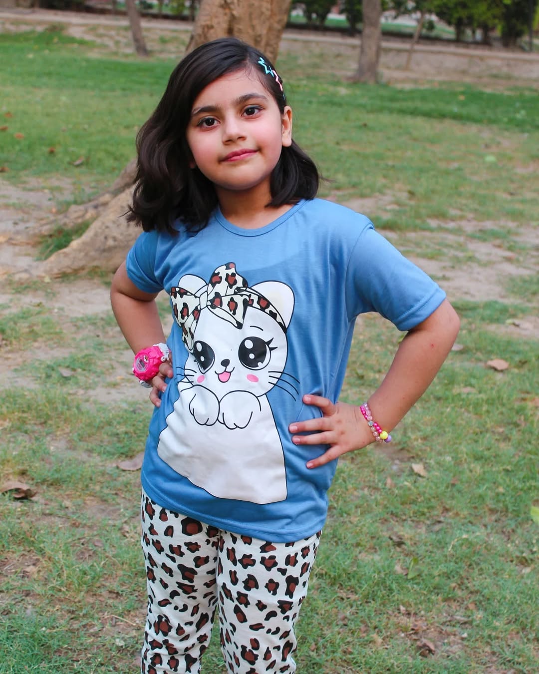 BLUE Cute Kitty with cheetha pajama Printed Kids Wear