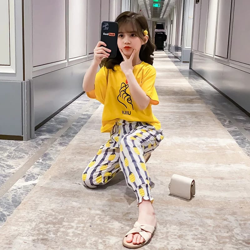 Baby Or Baba Yellow Hand Print Half Sleeves T-shirt With Pineapple Printed Pajama Night Suit for Kids (1 Pcs)
