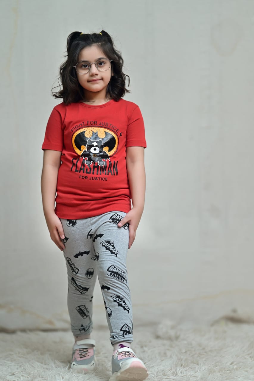 Baby Or Baba Red Bat Printed Print Half Sleeves T-shirt With Printed Pajama Night Suit for Kids (1 Pcs)