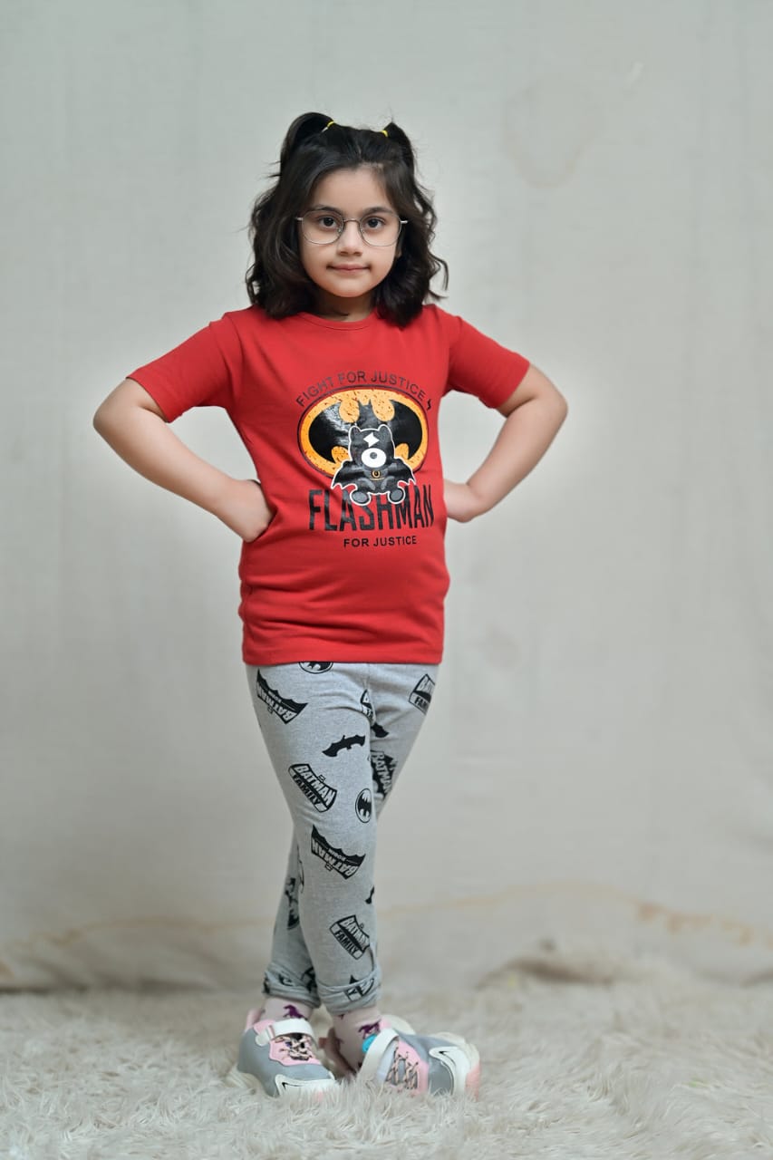 Baby Or Baba Red Bat Printed Print Half Sleeves T-shirt With Printed Pajama Night Suit for Kids (1 Pcs)
