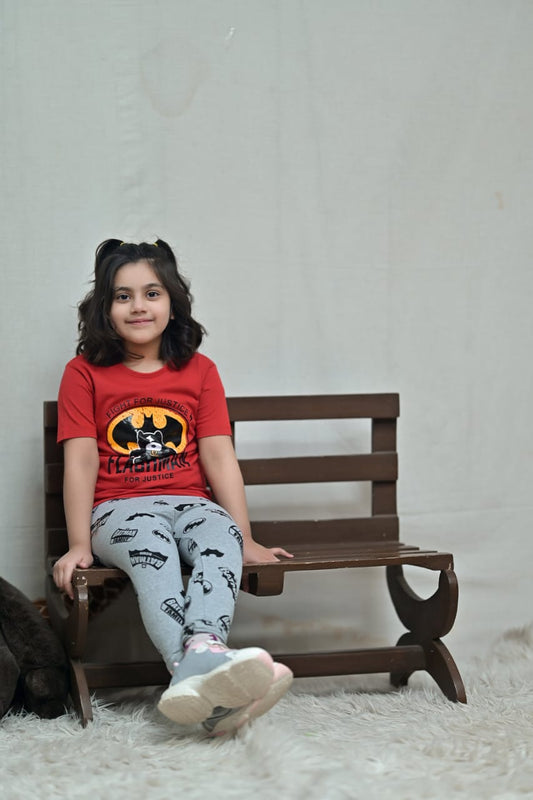 Baby Or Baba Red Bat Printed Print Half Sleeves T-shirt With Printed Pajama Night Suit for Kids (1 Pcs)