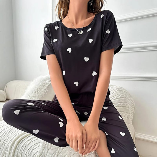 Black & White Heart Printed Women PJ Set