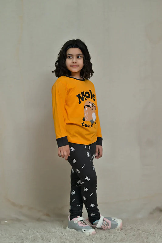 Baby or Baba Yellow and Brown MOLE Print Full Sleeves Night Suit for Kids (1 Pcs)