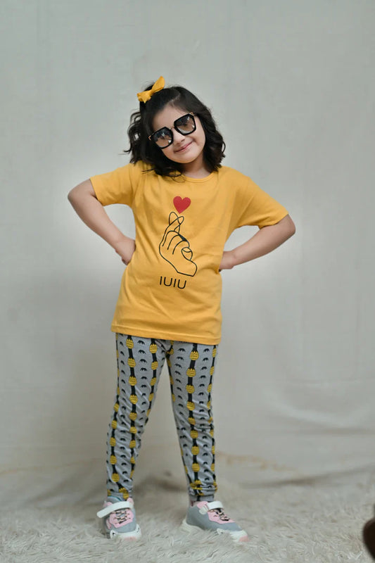 Baby Or Baba Yellow Hand Print Half Sleeves T-shirt With Pineapple Printed Pajama Night Suit for Kids (1 Pcs)