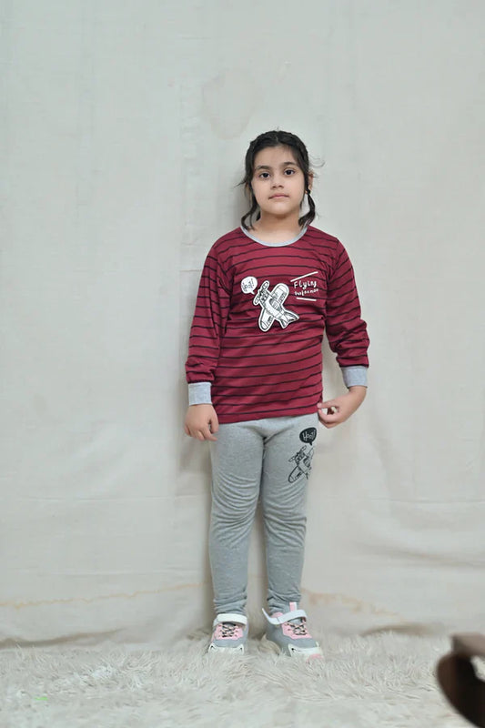 Baby or Baba Maroon and Grey Flying Performance Print Night Suit for Kids (1 Pcs)