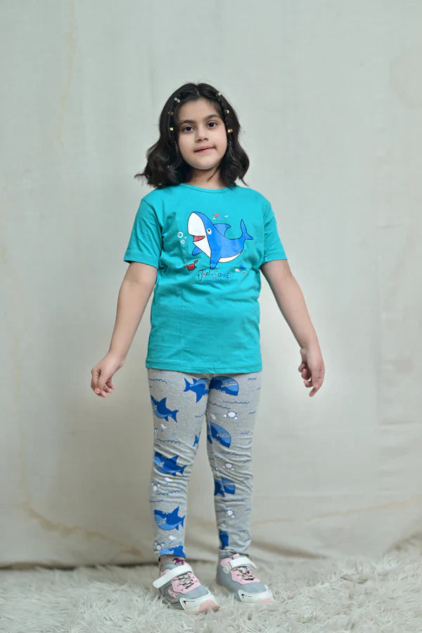 Baby Or Baba Green Shark Print Half Sleeves T-shirt With Printed Pajama Night Suit for Kids (1 Pcs)