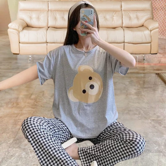 Grey Taddy Bear Style Printed PJ set