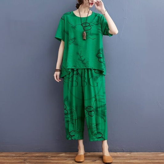 GREEN CAPRI SETS HALF SLEEVES PRINTED CAPRI SETS CH 1002