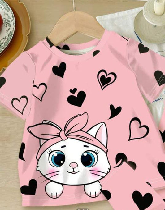 Pink Kitty with black hearts  Printed Kids Wear