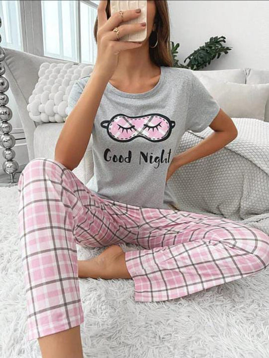 Grey good night with pink check pajama Printed Night wear
