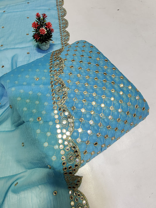 3 Pcs Women's Unstitched Chiffon Sequins Embroidered Suit