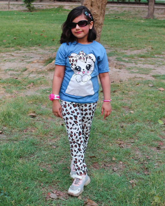 BLUE Cute Kitty with cheetha pajama Printed Kids Wear